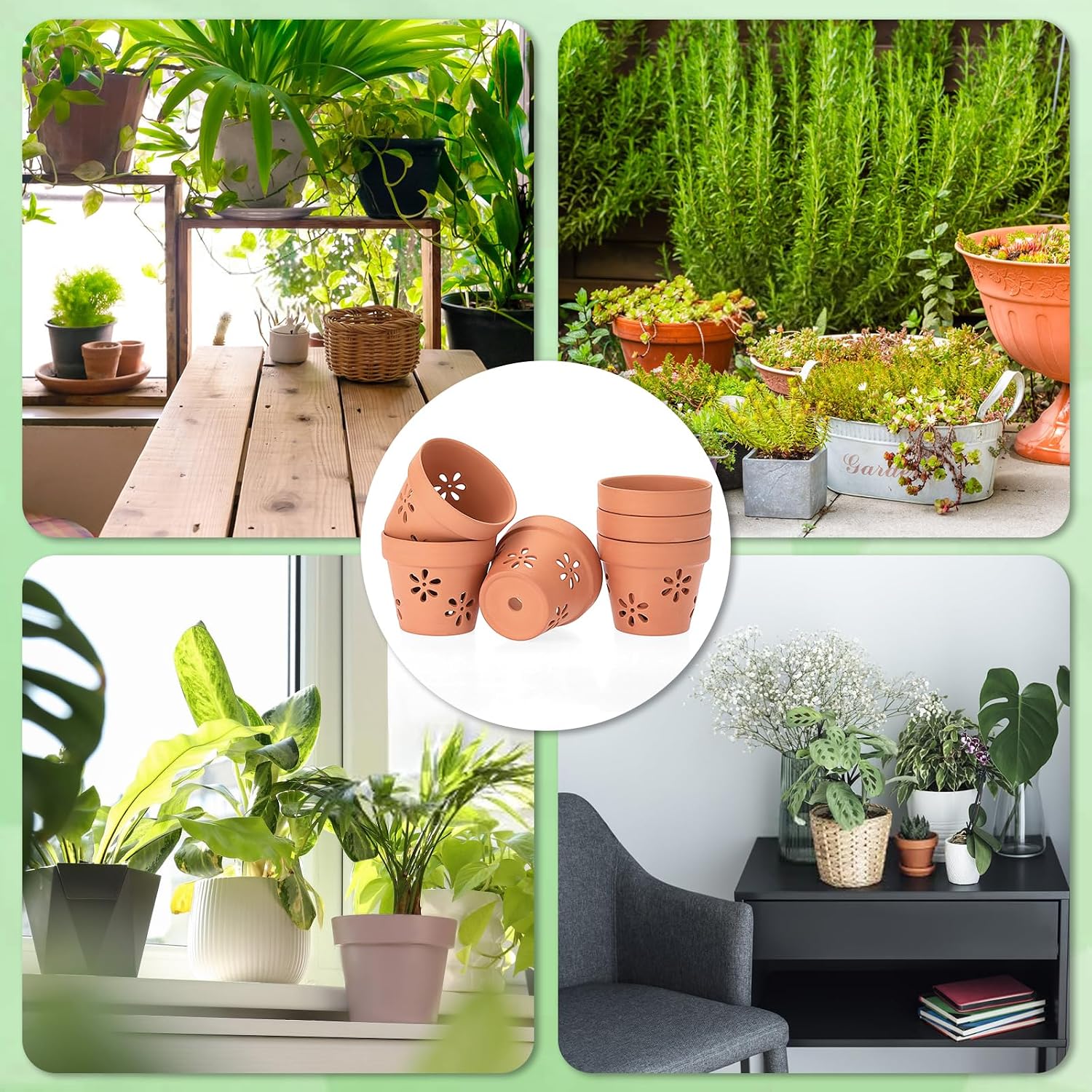 JUXYES Small 4" Hollowed Out Terracotta Orchid Pots with Holes and Saucer | 6 Pack Natural Rustic Clay Planter Pots for