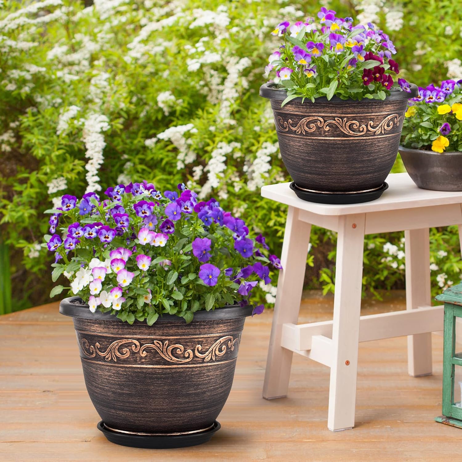 Plastic-Plant-Flower-Planters-16 Inch With Drainage Hole & Saucer, 3 Packs Lightweight Small Resin Flower Pot Indoor