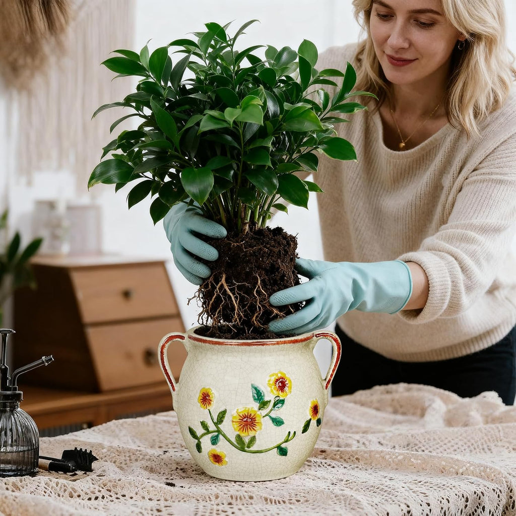 EFISPSS 6 Inch Vintage Ceramic Flower Pot with Relief Design & Handles,Ceramic Cracked Flower Pot with Drainage Hole