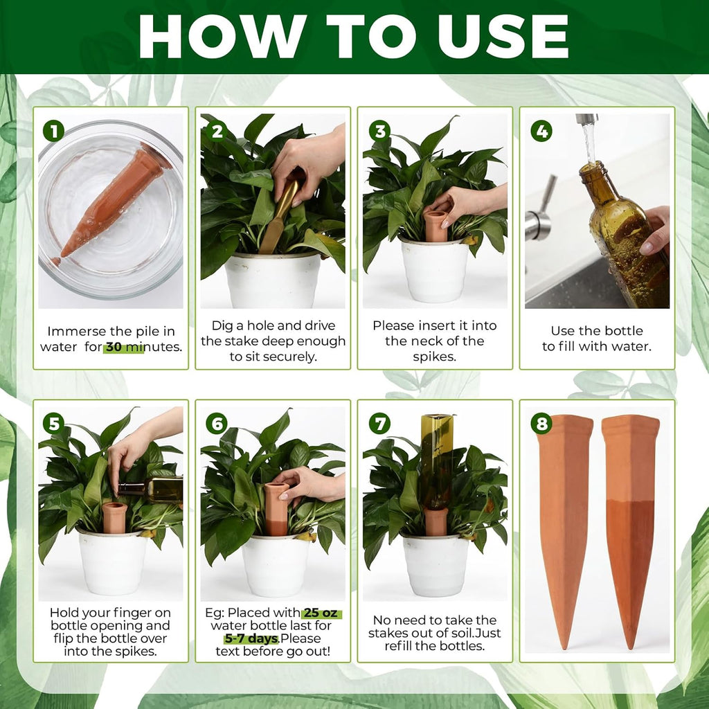 12 Pcs 17oz 25oz 34oz Plant Watering Devices 6 Terracotta Self Watering Spikes 6 Plastic Bottles Slow Release Vacation
