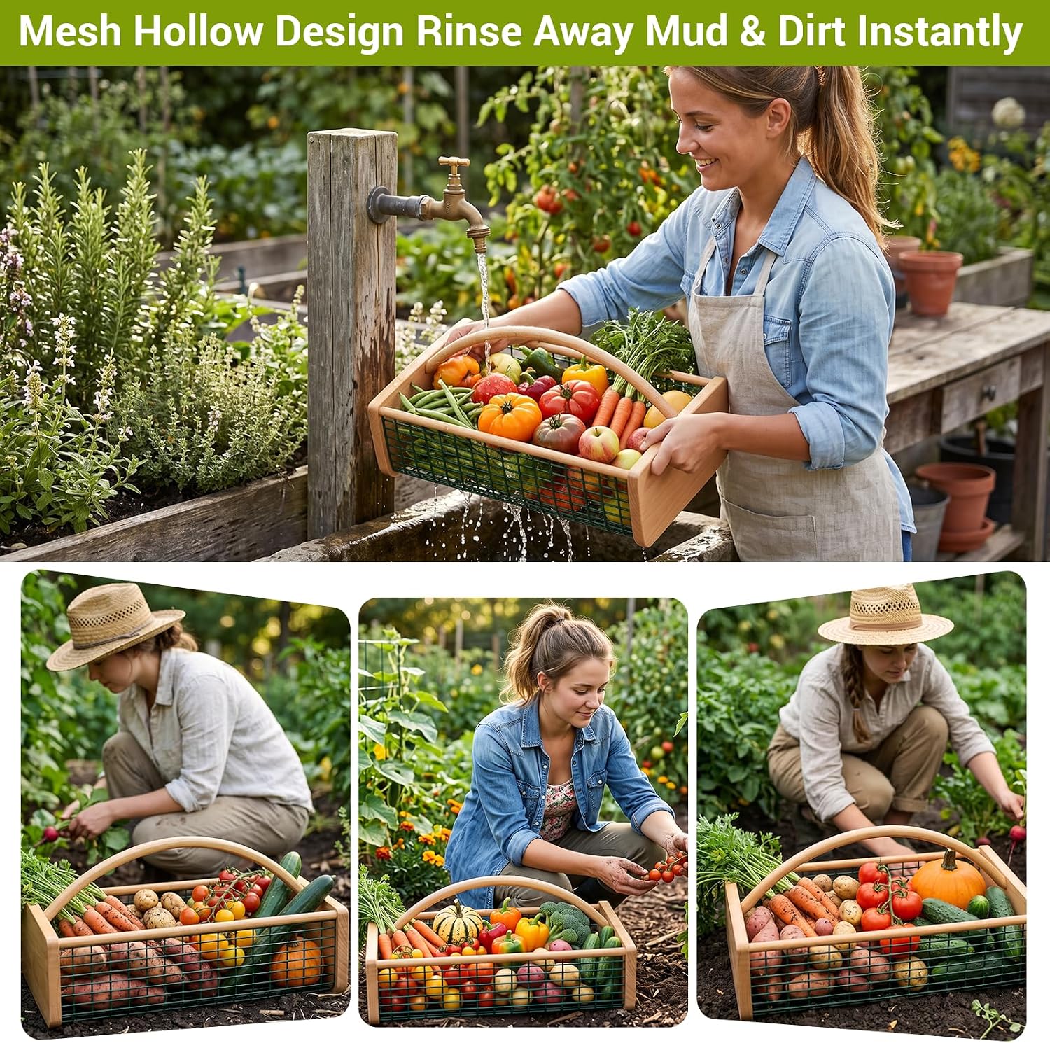 Garden Hod Harvest Basket, Wooden Garden Basket with Metal Mesh Handle | One Trip Harvest，Multipurpose Gardening Basket
