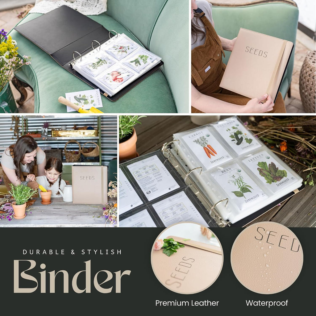 Seed Storage Binder – Garden Seed Organizer with 50 Sheet Protectors, 5 Dividers & Flap-Top Inserts - Stores 200 Seed