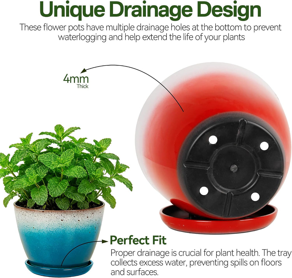 Worth Garden Plastic Round 8" Plant Pots - Set of 6 Multicolor Small Gloss Flower Pot Planters with Drainage Hole and