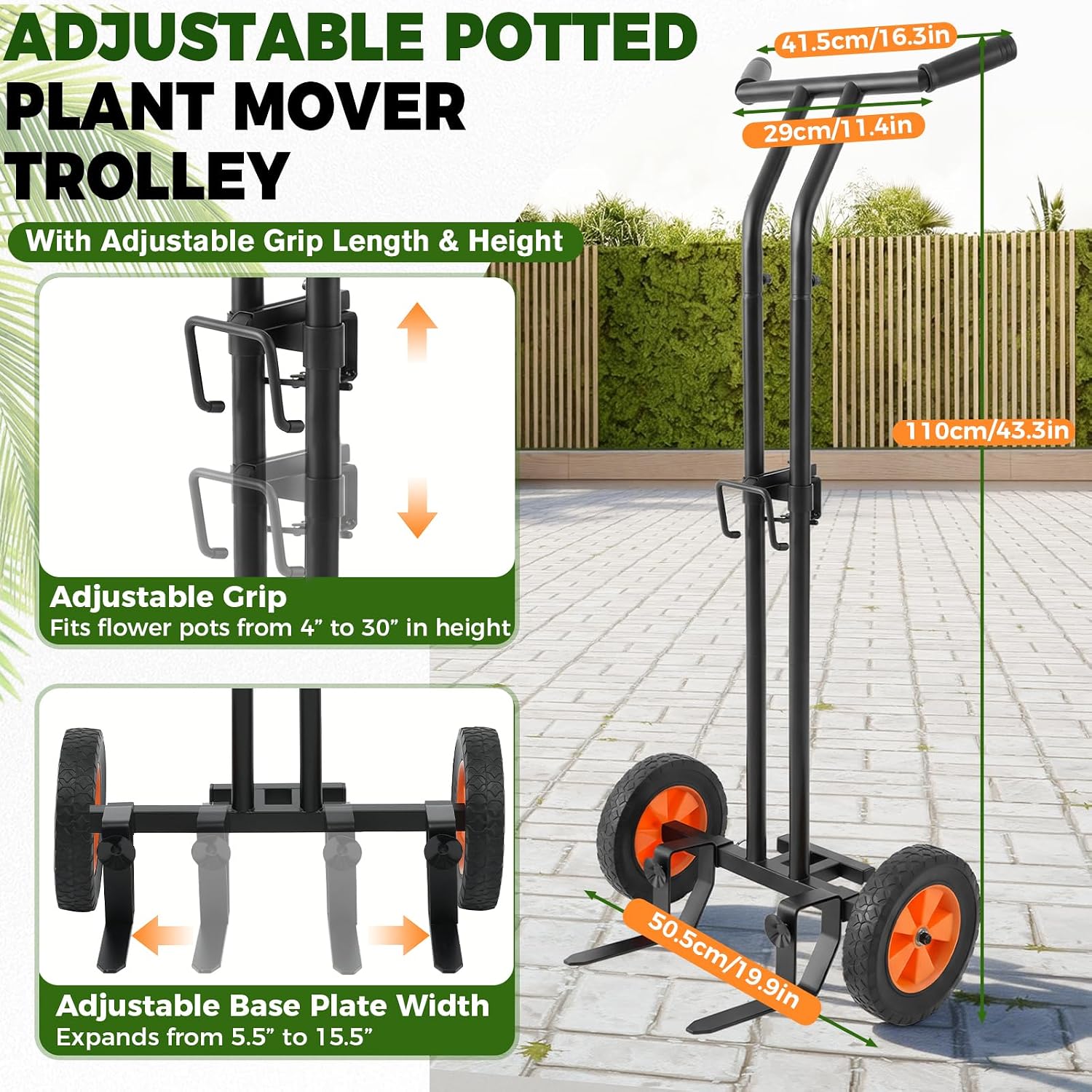 AUROPEAK Plant Caddy with Wheels, Adjustable Potted Plant Mover | Adjustable forks, grip arms and strap move large