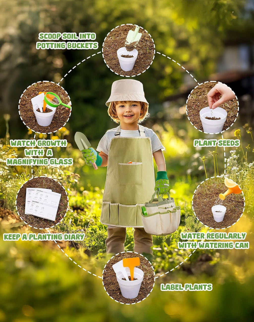 ROBUD Kid Gardening Set, Wooden Garden Tool for Kid, Garden Tool Kit with Tool Storage Bag, Apron, Gloves, Montessori