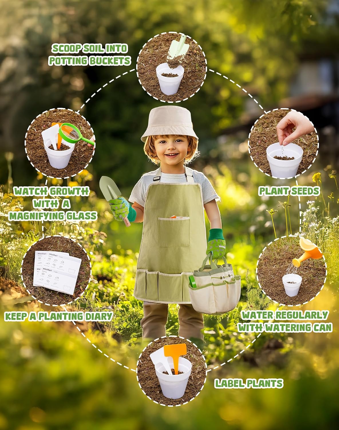 ROBUD Kid Gardening Set, Wooden Garden Tool for Kid, Garden Tool Kit with Tool Storage Bag, Apron, Gloves, Montessori