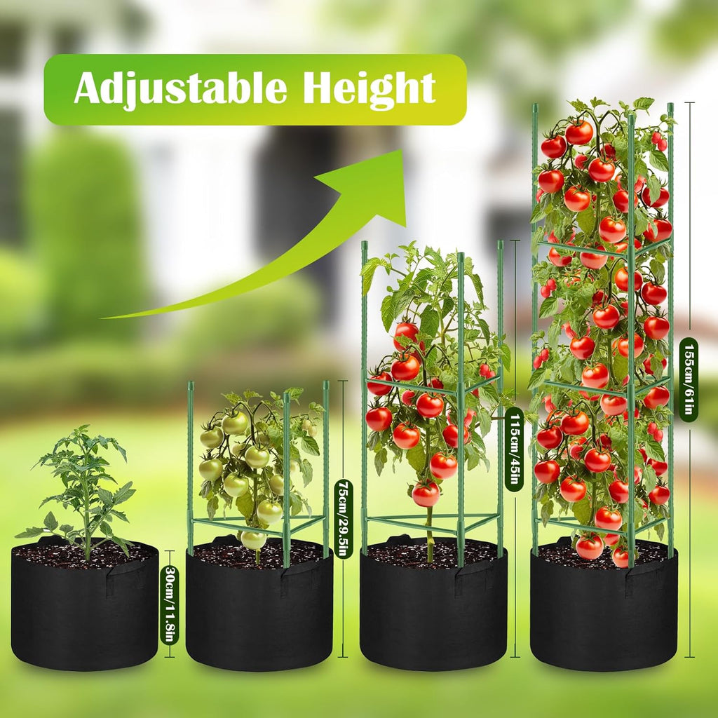 4 Pack Tomato Cages 55 x 12 Inch for Garden with 11 Gallon Round Planter | Pots Grow Bags with Heavy Duty Triangle
