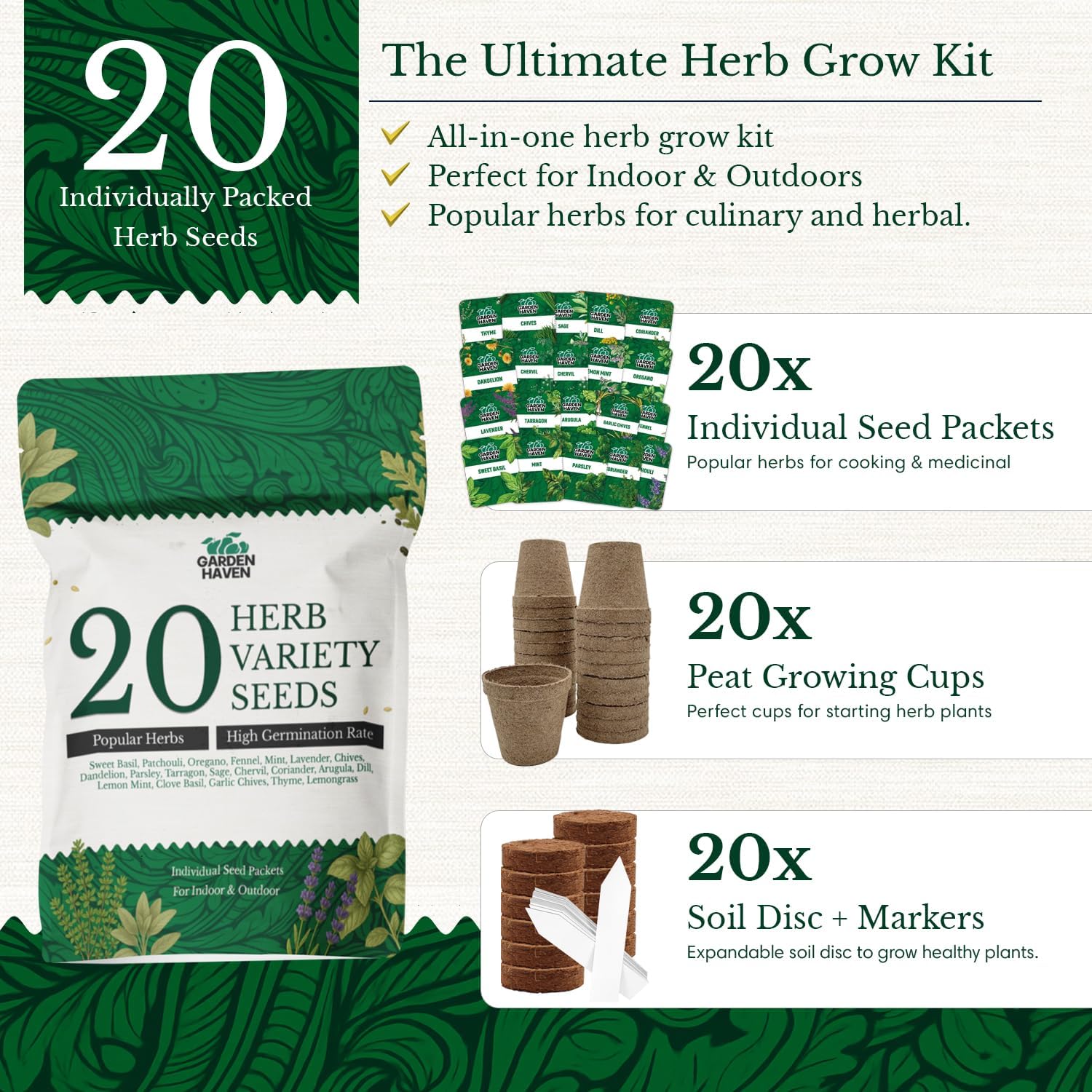 20 HERB Seeds Variety Pack - Complete Grow Kit Culinary Herbs Indoor Outdoors Herb Seeds, Basil, Oregano, Mint, Thyme &