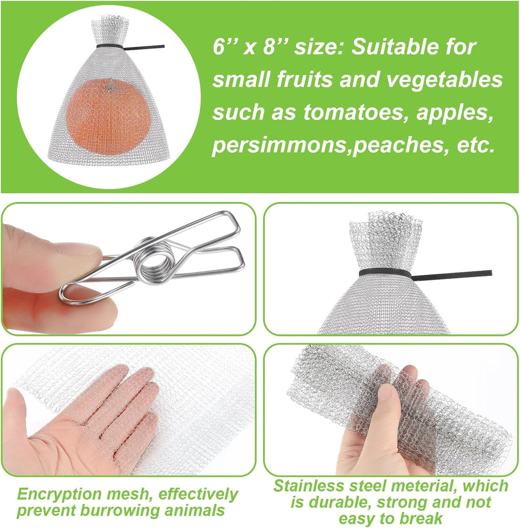 25 Pcs Fruit Protection Wire Mesh Bags 6 x 8 Inch Fruit Bags with Clips and Ties for Fruit Trees Netting Cover Bags