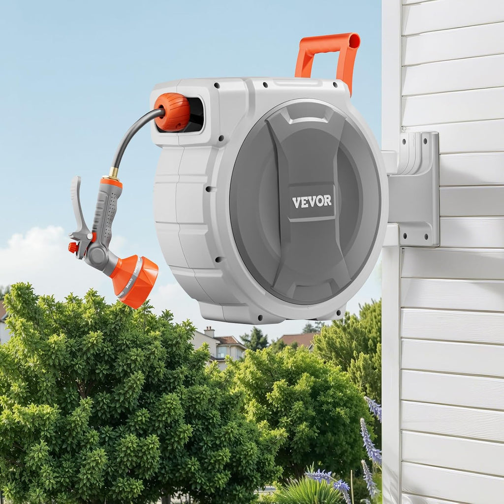 VEVOR Retractable Garden Hose Reel, 1/2 Inch x 84 ft Wall Mounted Heavy Duty Garden Hose Reel with 9 Patterns Nozzle