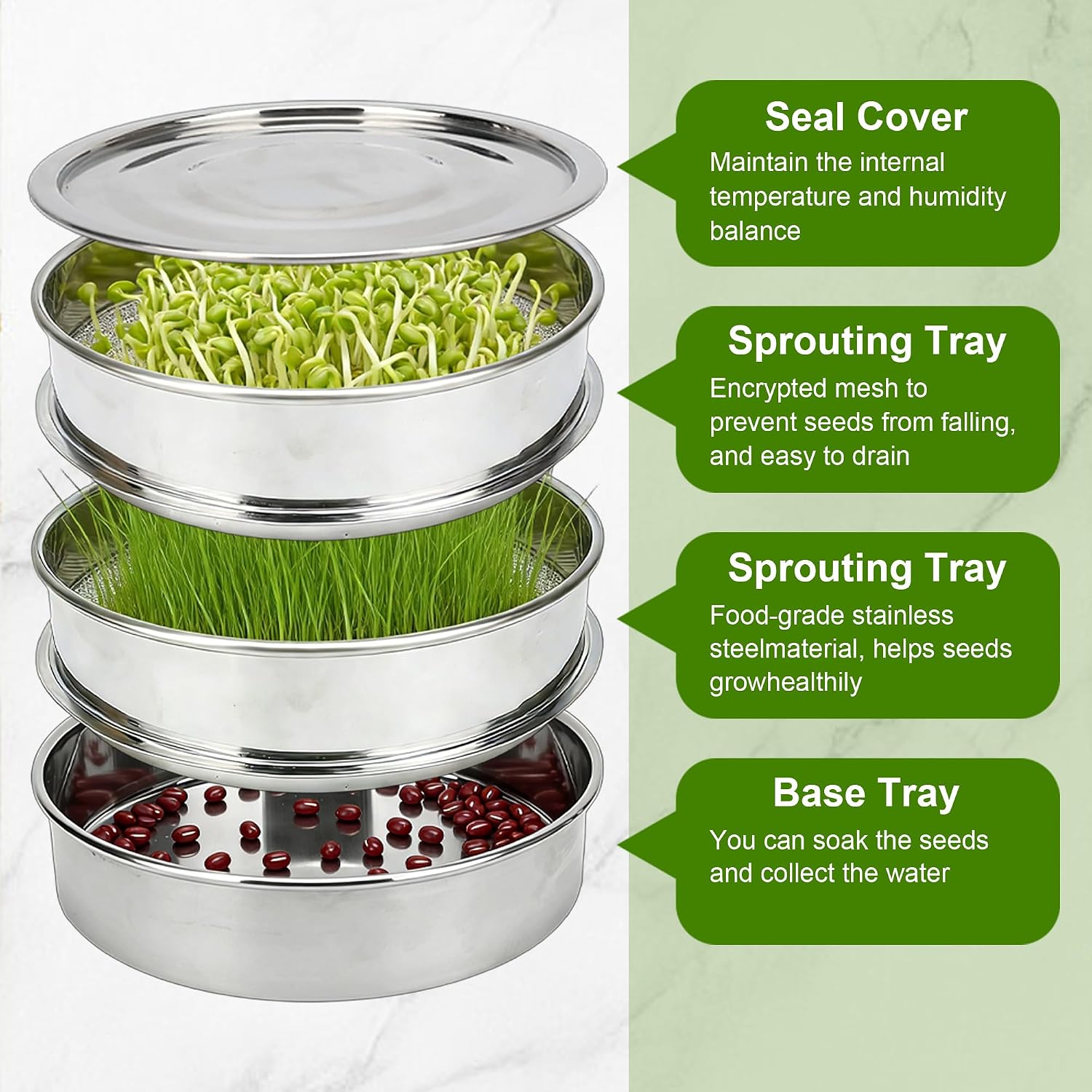 AKAZA 9 Inch Stackable Stainless Steel 3-Tier Mesh Seed Sprouting Kit | 1 Base and 1 Cover Lid with Pen, Brush and