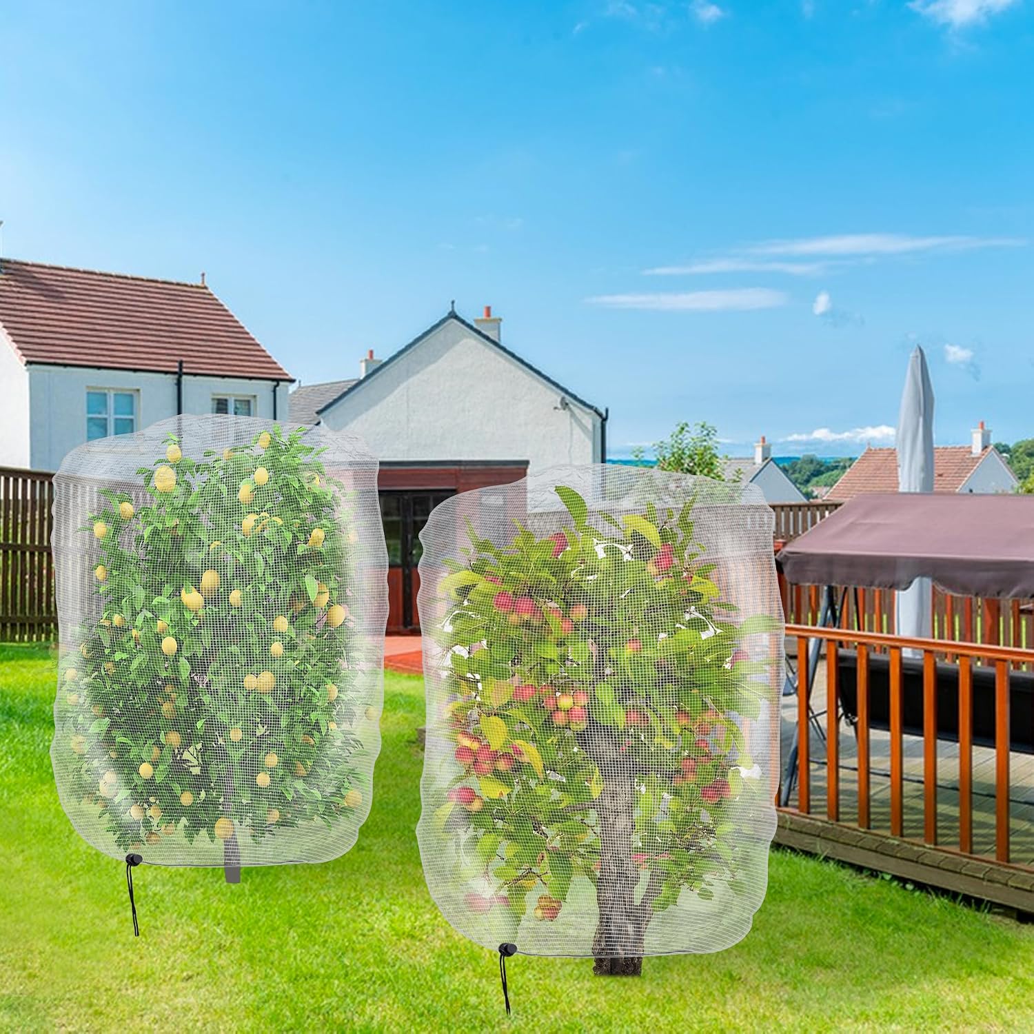 4 Pcs Insect Bird Barrier Tree Net with Drawstring, 4.9 x 3.2 Ft Garden Bird Netting Plant Cover, Fruit Tree Netting
