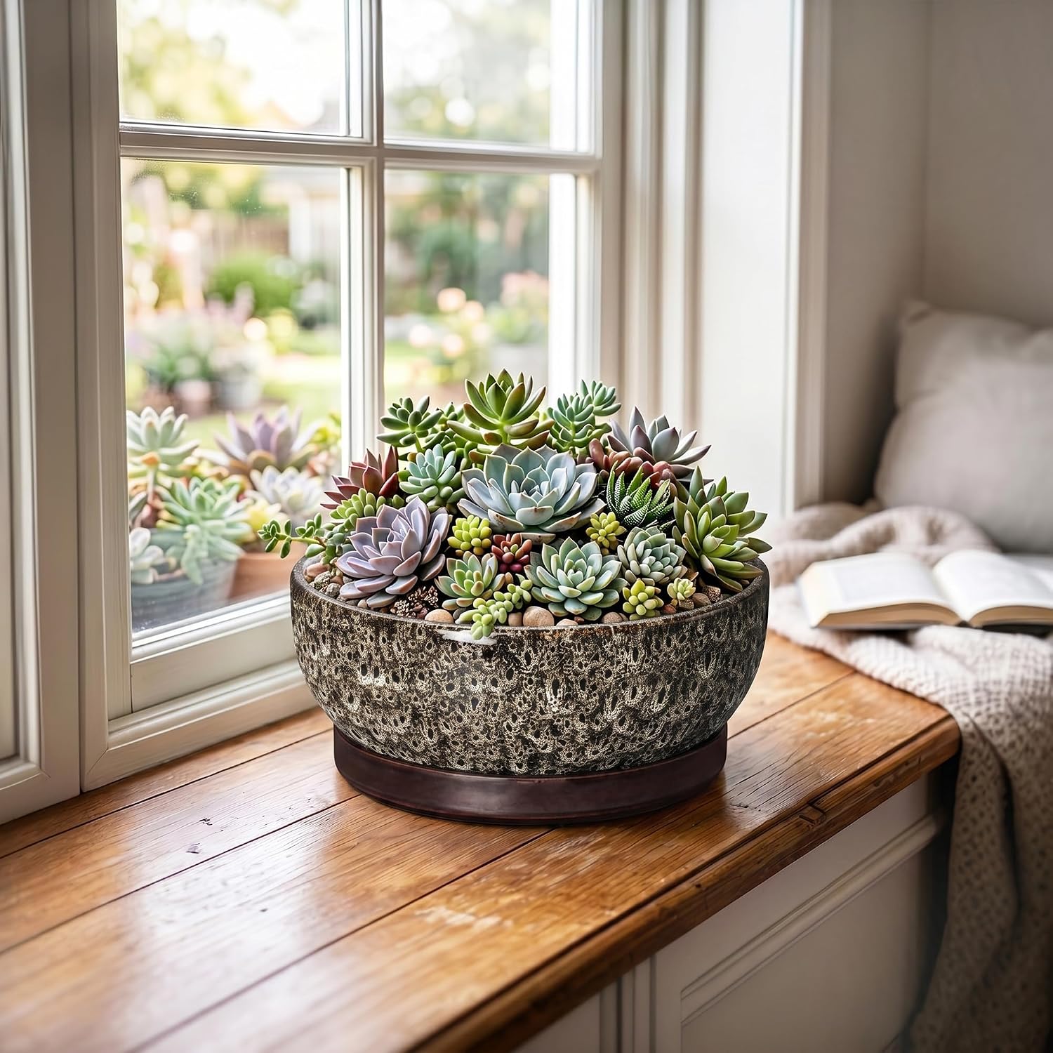 Bonsai Pots, 8 Inch Ceramic Succulent Pot with Saucer, White Leopard | Bonsai Planter for Indoor Plants, Round Shallow