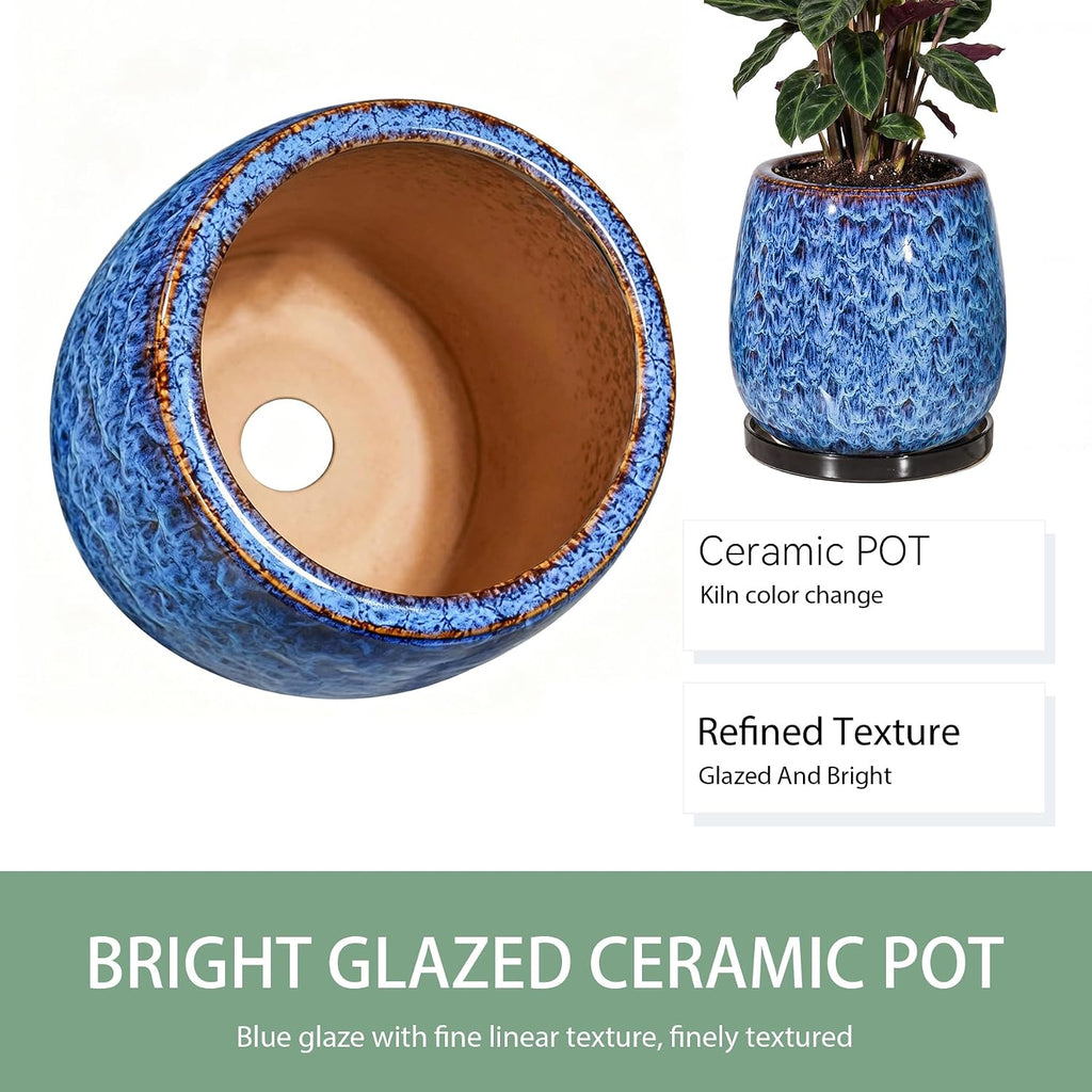 10.3 Inch Ceramic Glaze Plant Pot with Saucer, Flower Pots with Drainage Hole Mesh Net (Blue)