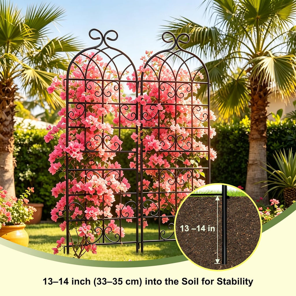 Lorenzo 2 Pcs 70 x 20 Inch Rustic Iron Garden Trellis for Climbing Plants Outdoor, Black Metal Arch Decoration Plant