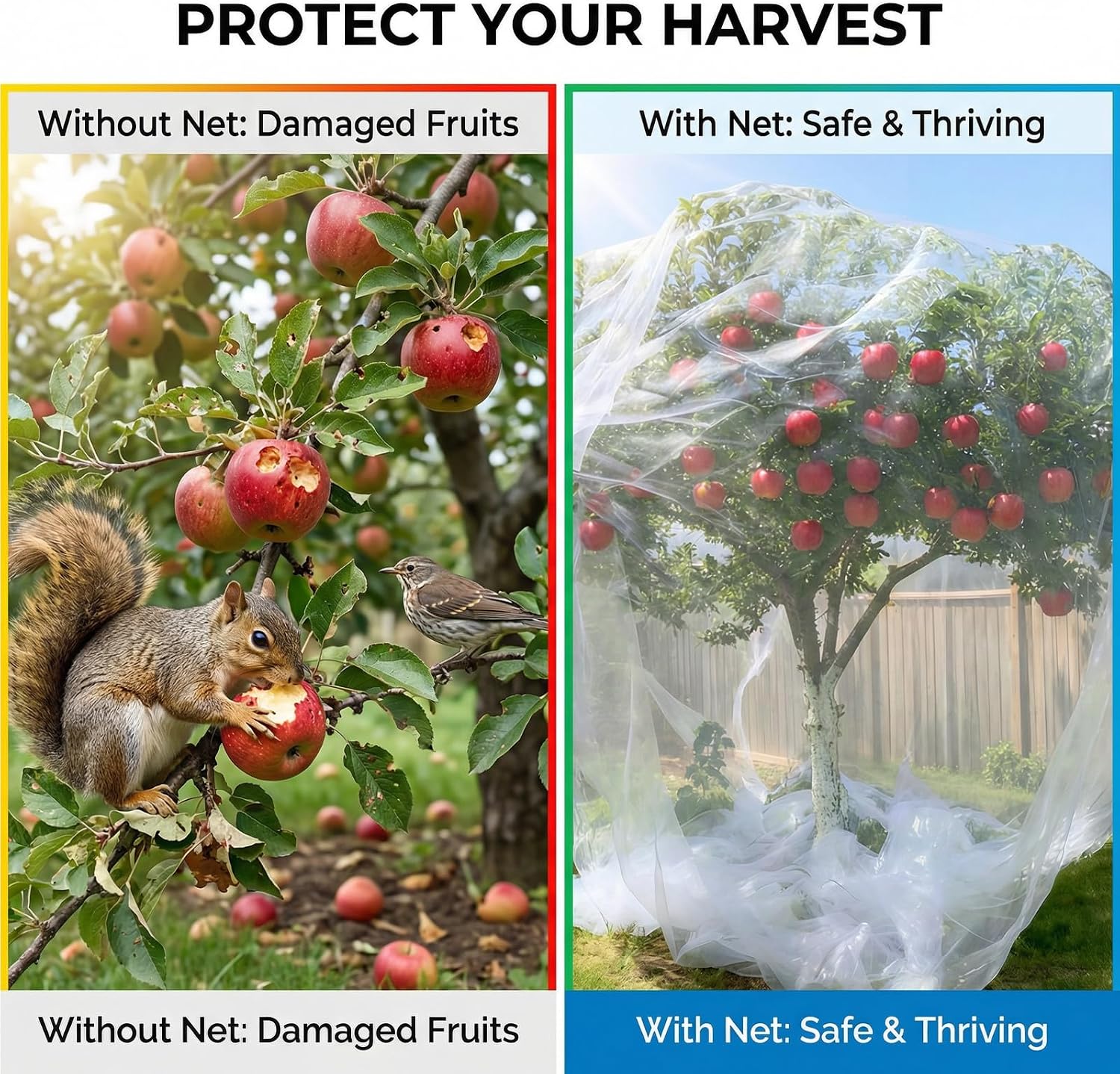 13x13Ft Large Fruit Tree Netting Cover Zipper Drawstring Garden Pest Mesh | UV-resistant polyethylene mesh, blocks