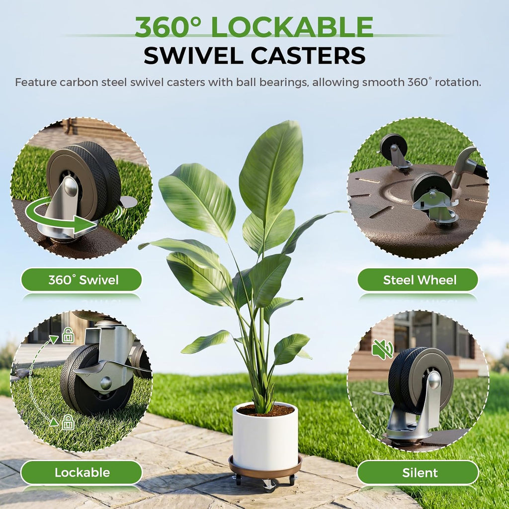 Plant Caddy With Wheels 12" Metal Plant Saucers for Indoors 310 Lb Capacity | Rolling Plant Stand, 360° Locking Casters