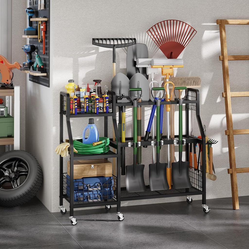 keomaisyto Heavy-Duty Garden Tool Organizer with 6 Wheels and 2 Baskets | 3 Lockable Casters, Large Metal Yard Tool