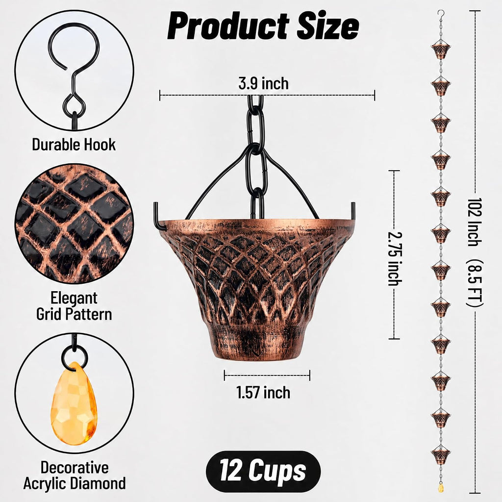 Rain Chains for Gutters Outside Copper Rain Chain 8.5FT 12 Cups | Rain Catcher Chain for Heavy Rain,Rust