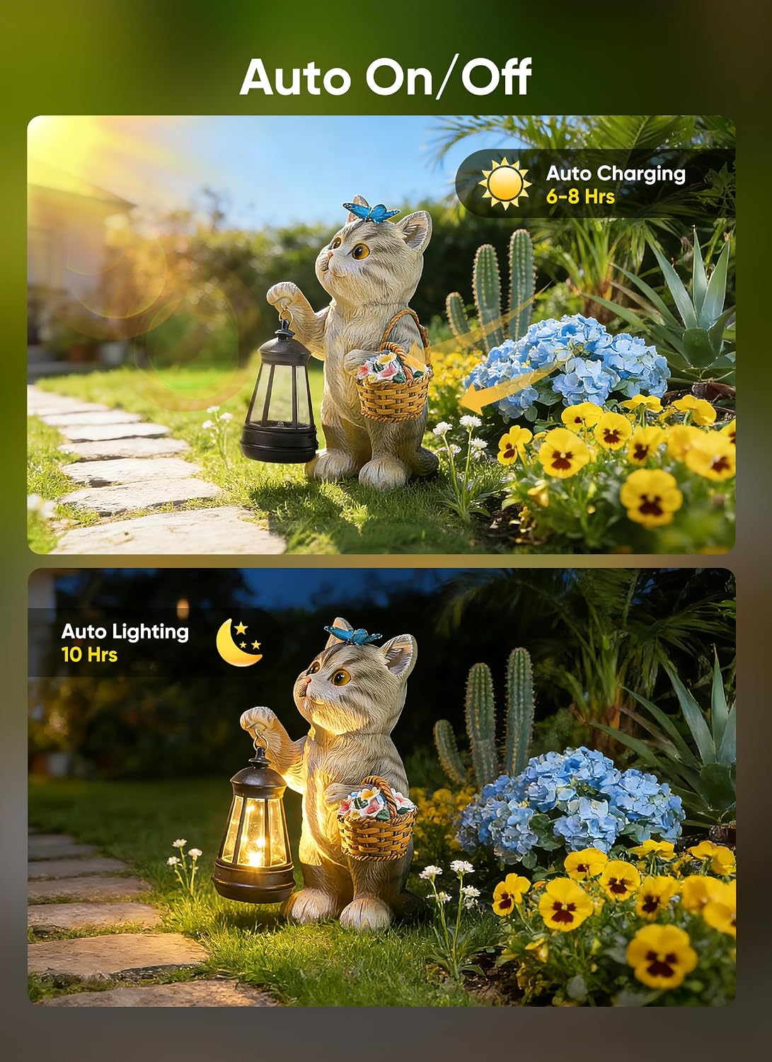 Brightown Solar Cat Garden Decor Statue with Solar Lantern Light, Hand-Painted Resin, IP65 Waterproof Outdoor Decor for