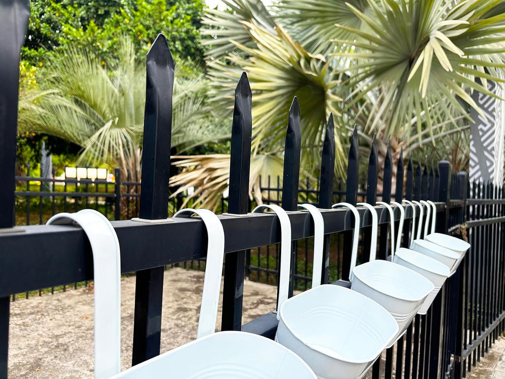 2 Pack 12" Metal Balcony Fence Railing Planters for Outdoor, Oval White | Detachable hooks, Drainage holes, Rustproof