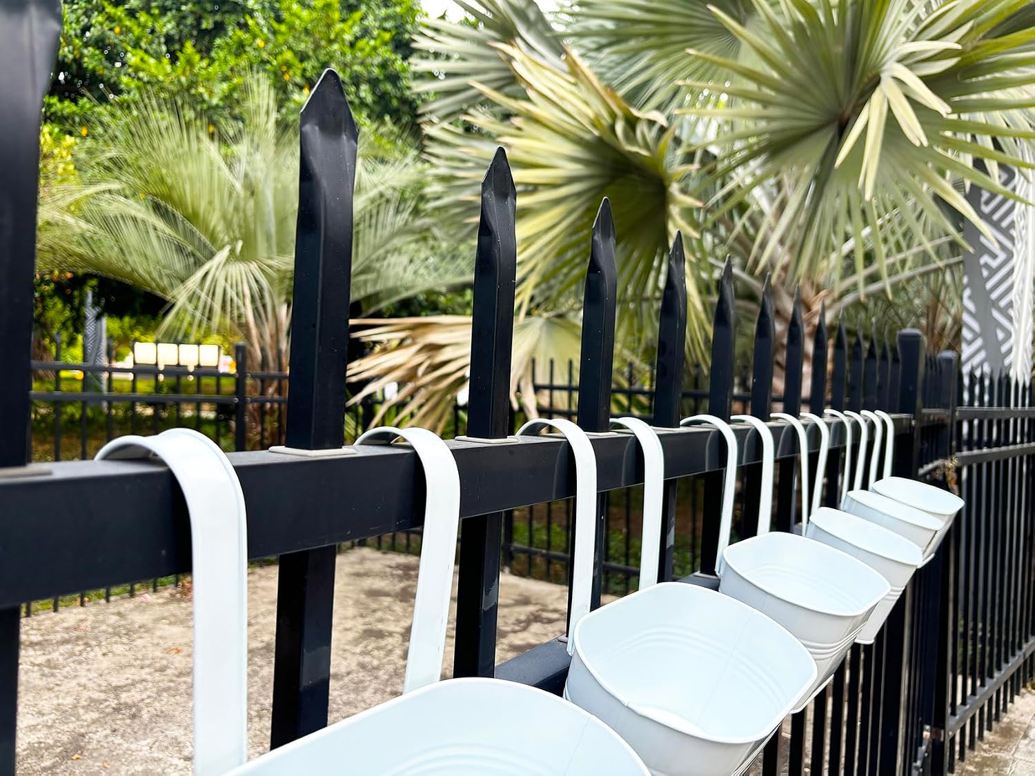 2 Pack 12" Metal Balcony Fence Railing Planters for Outdoor, Oval White | Detachable hooks, Drainage holes, Rustproof