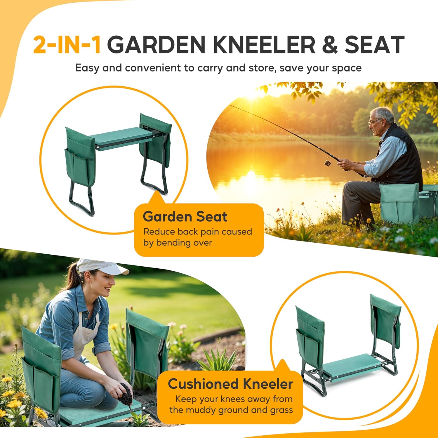 Simple Deluxe Garden Kneeler and Seat, Foldable Kneeling Stool with Thicker EVA Foam Pad, Heavy Duty Bench with Tool