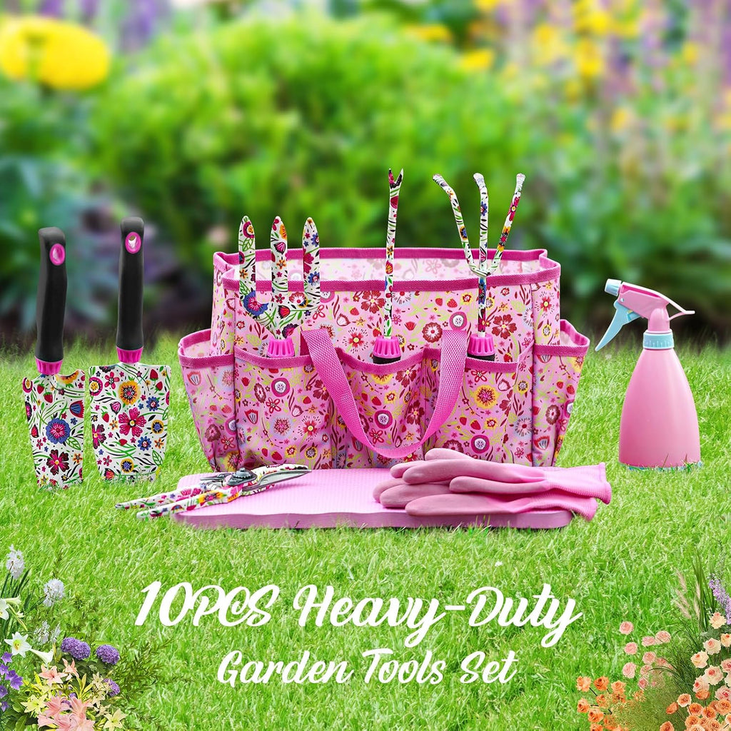 Housolution Gardening Tools Set, 10PCS Gardening Gifts for Women, Pink | Heavy Duty Garden Tools with Non-Slip Rubber