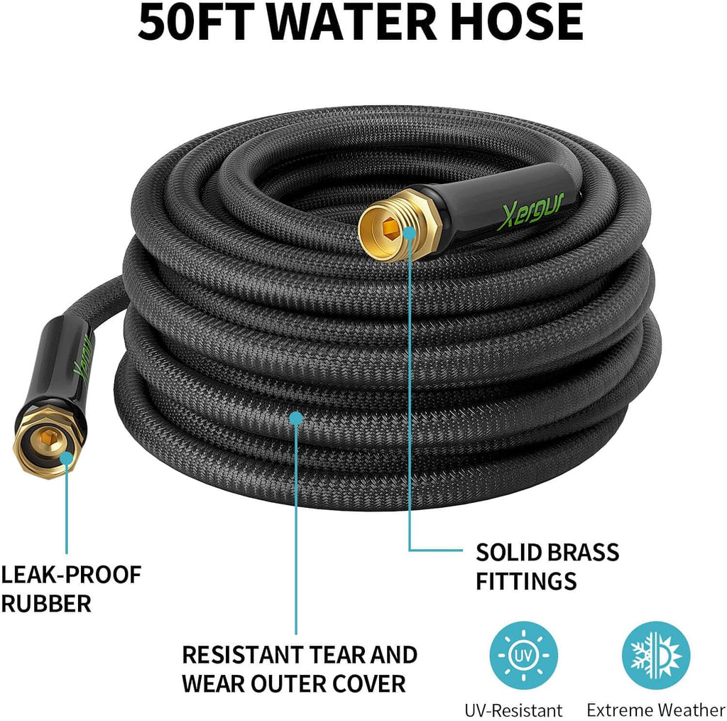 Garden Hose 50Ft, Flexible Lightweight Water Hose, Brass Fittings, Black | Double latex core, leak-proof, no kink