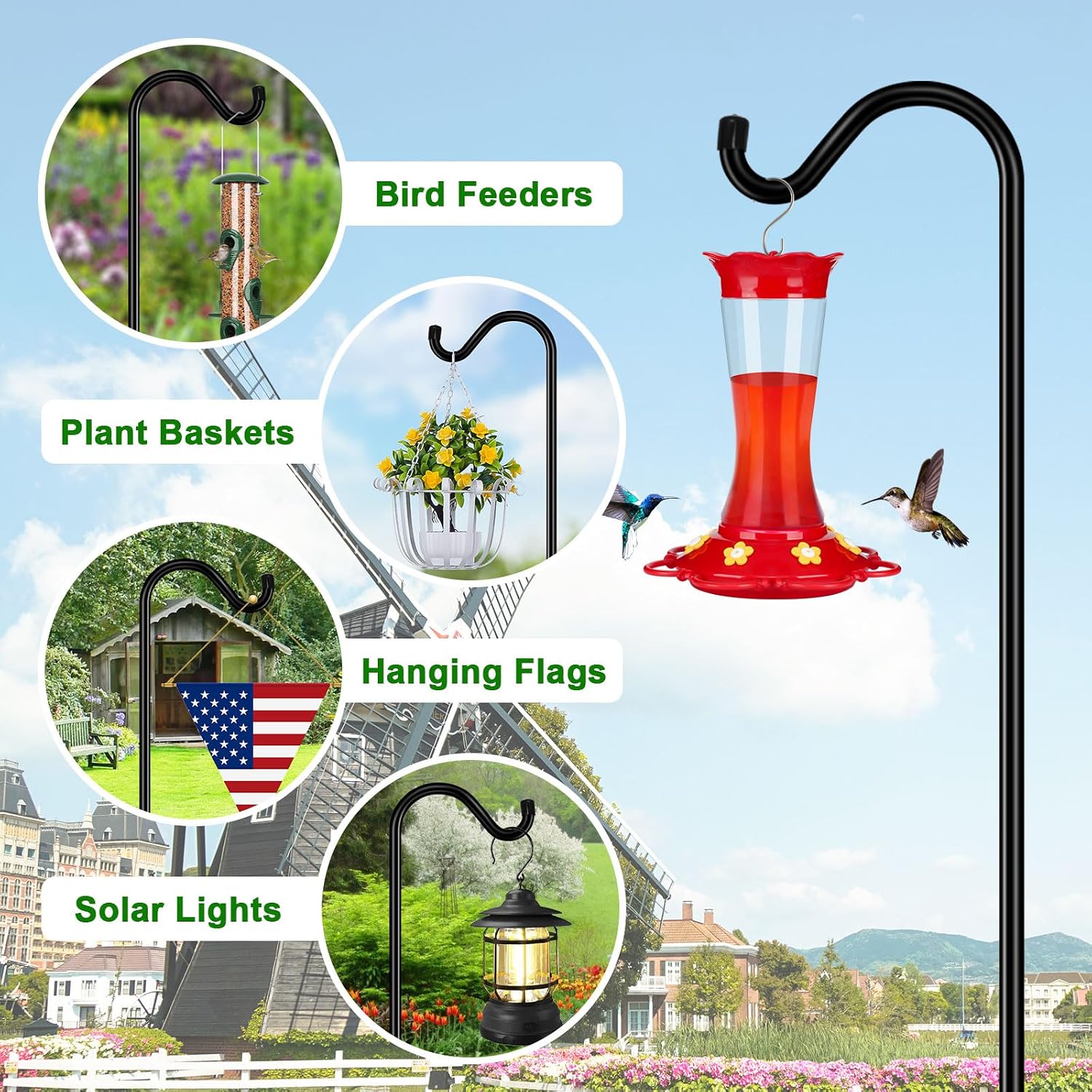 76'' Bird Feeder Pole, Heavy Duty Shepherds Hooks for Outdoor with 7-Prong Base, Adjustable Shepherds Hook for