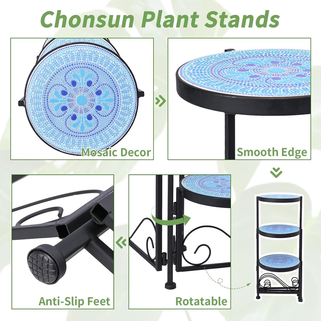 3 Tier Mosaic Ceramic Top Plant Stand, Foldable Flower Pot Holder | Wrought Iron No Assembly Required Space Saving