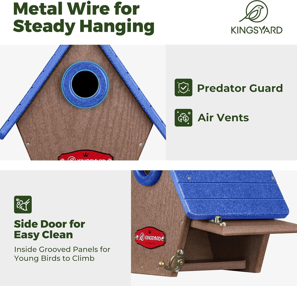 Kingsyard Recycled Plastic Bird House for Outdoors - Hanging Nesting Box with Predator Guard & Air Vents for Wren Finch