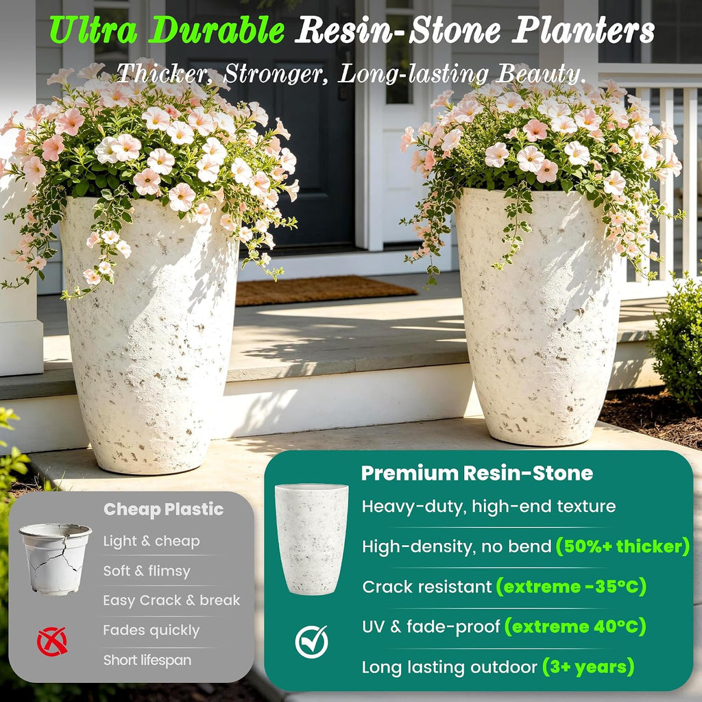 Autodaya 19.5" Resin Tall Planters for Outdoor Plants, Set of 2 Flower Pots | Country White Large Outdoor Planters With