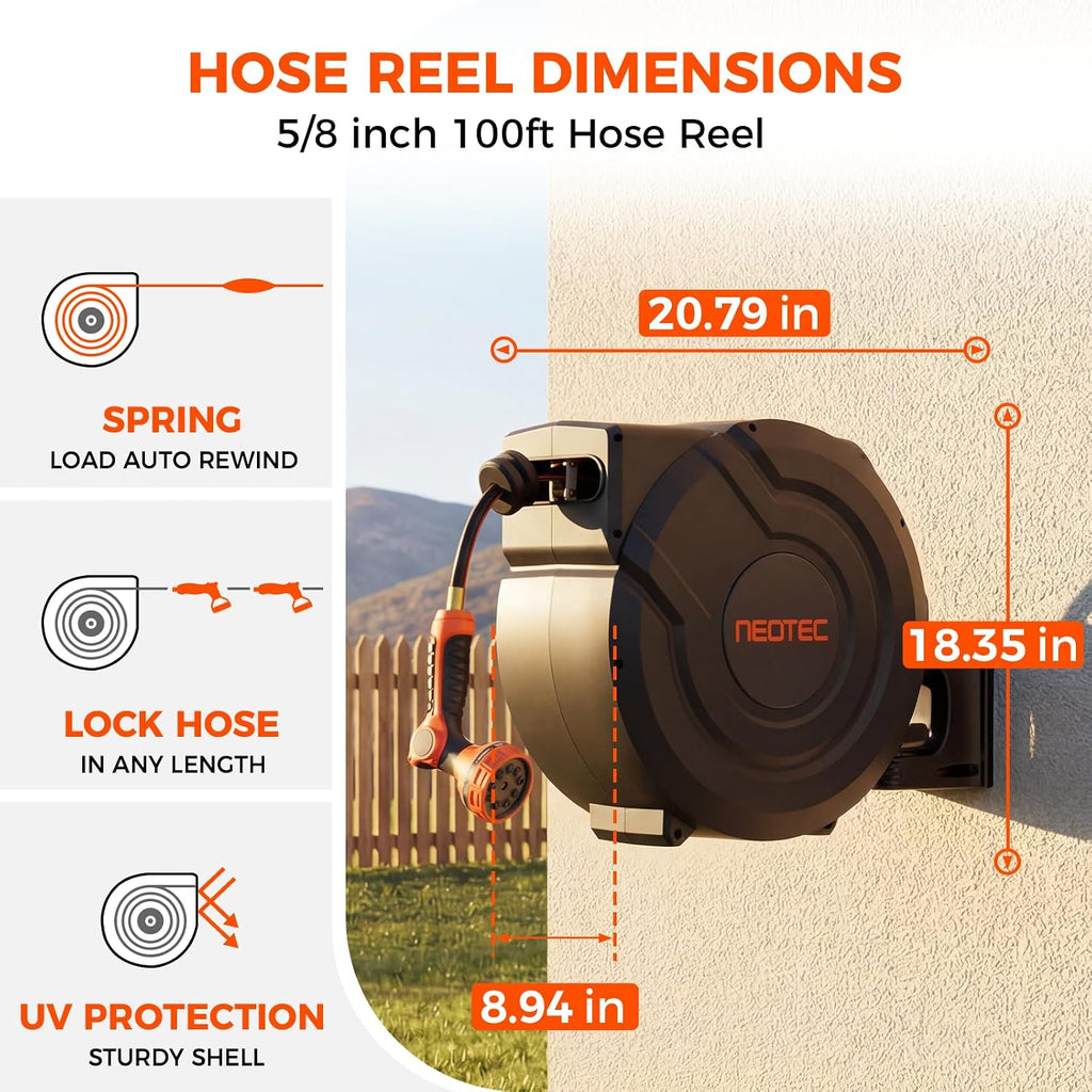 Upgraded Retractable Garden Hose Reel 5/8 inch x 100 ft Wall-Mounted 9 Pattern Nozzle Any Length Lock Automatic Slow
