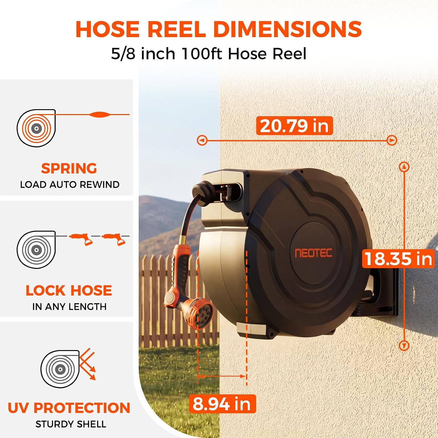 Upgraded Retractable Garden Hose Reel 5/8 inch x 100 ft Wall-Mounted 9 Pattern Nozzle Any Length Lock Automatic Slow
