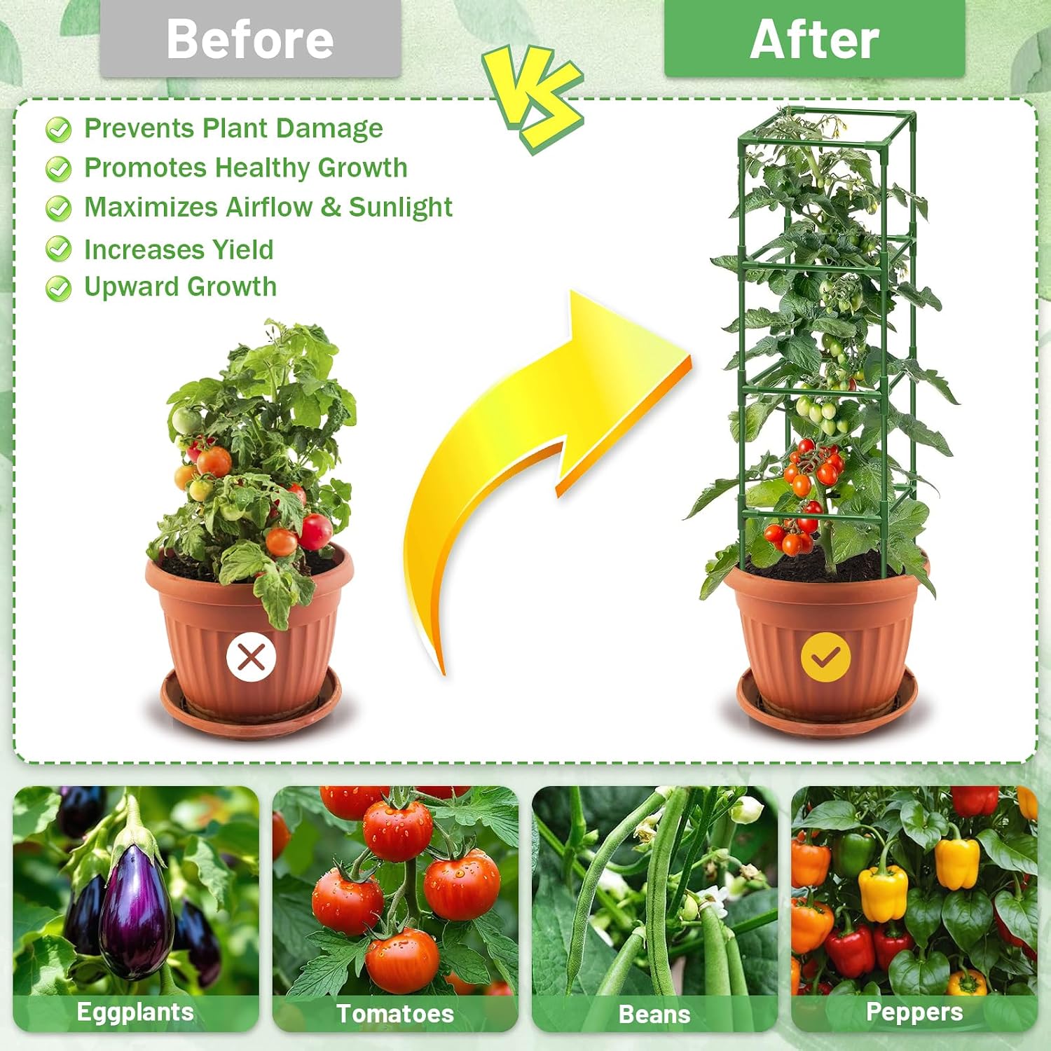 6 Pack 60 Inch Tomato Cages for Garden, Heavy Duty Tomato Trellis | Adjustable & Reusable Square Tomato Plant Support