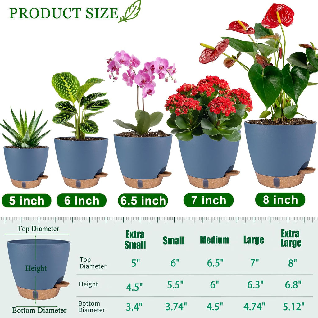 Self Watering Pots for Inoor Ourdoor Plants 8/7/6.5/6/5" Plastic Planters | Drainage Holes & Water Level Indicator