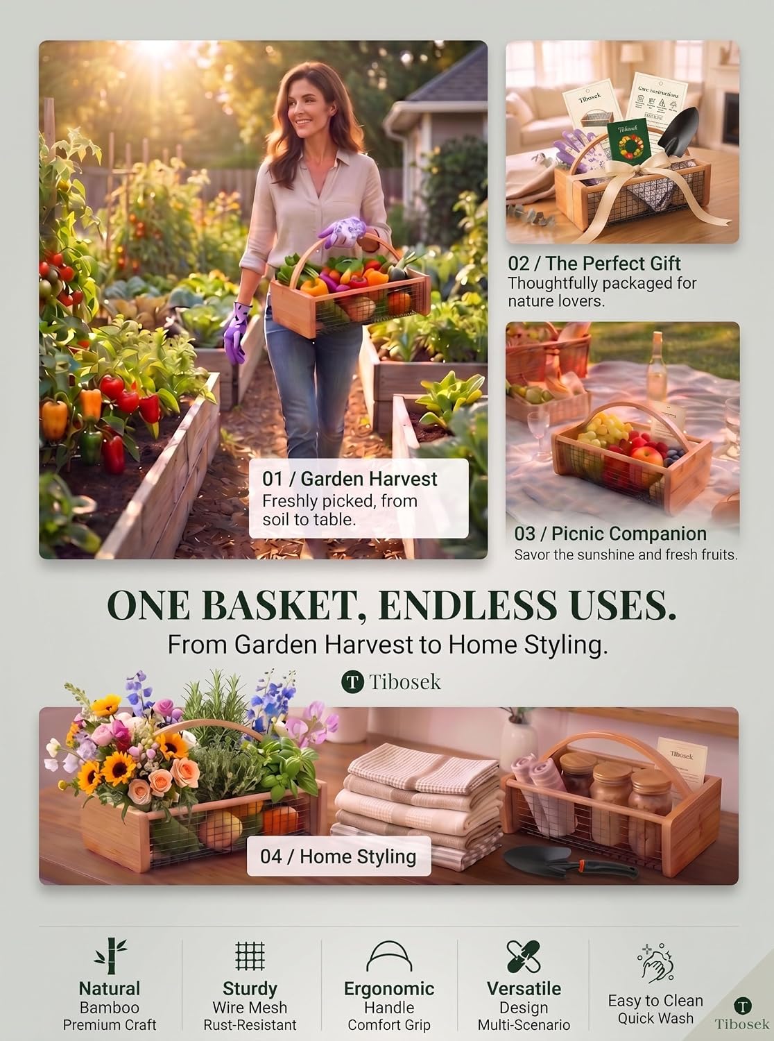 Upgraded Garden Hod Harvest Basket, Ergonomic Handle & Reinforced Frame | Ergonomic garden hod harvest basket features