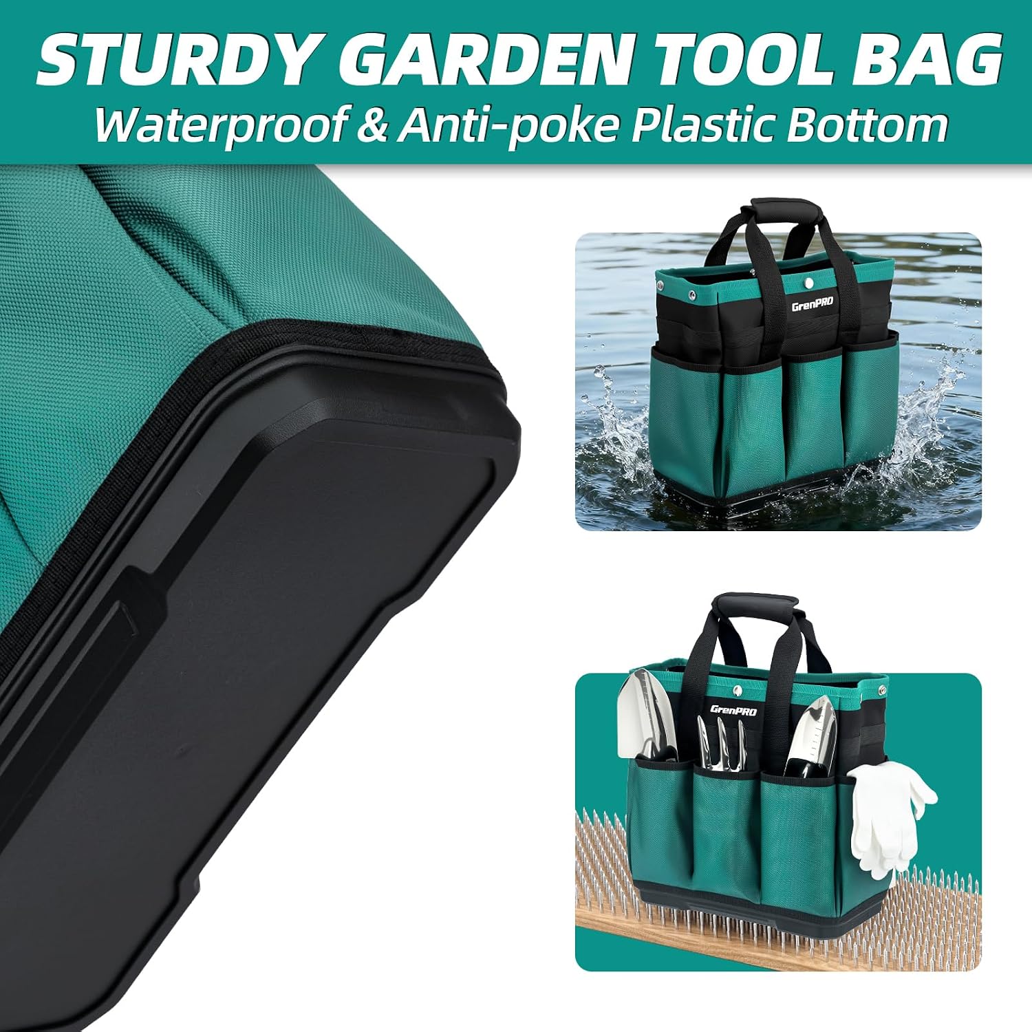 GRENPRO Heavy Duty Garden Tool Bag, Molded Bottom, 10 Pockets, Dark Green | Reinforced garden organizer tote stands