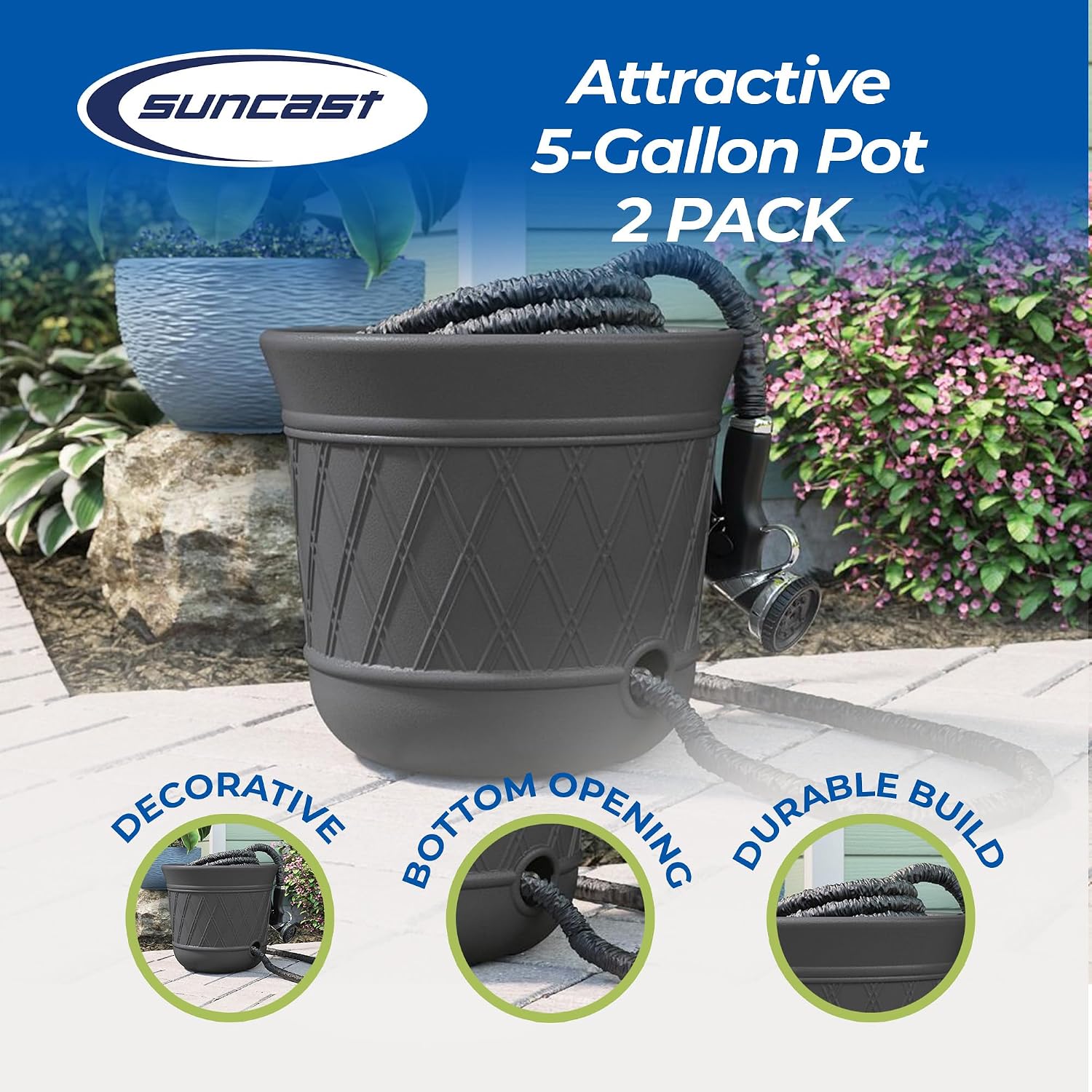 Suncast 2 Pack 14" x 12" Round Resin Decorative Weatherproof Outdoor Hideaway Standard Garden Hose Storage Pot with