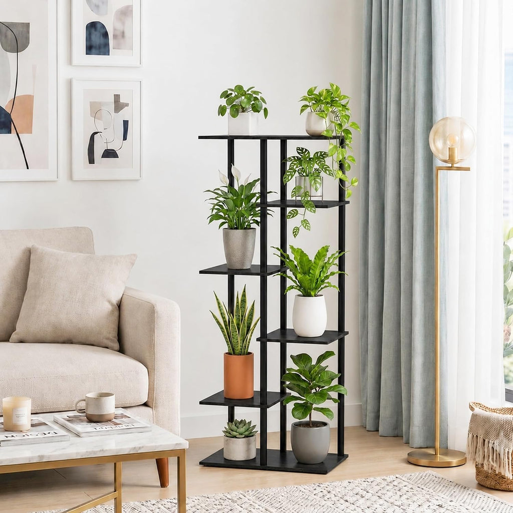 Corner Tall Plant Stand Indoor 6 Tier 8 Potted, Black | Functions as Flower Pots, Shelf, Decor Rack, Holder, Metal
