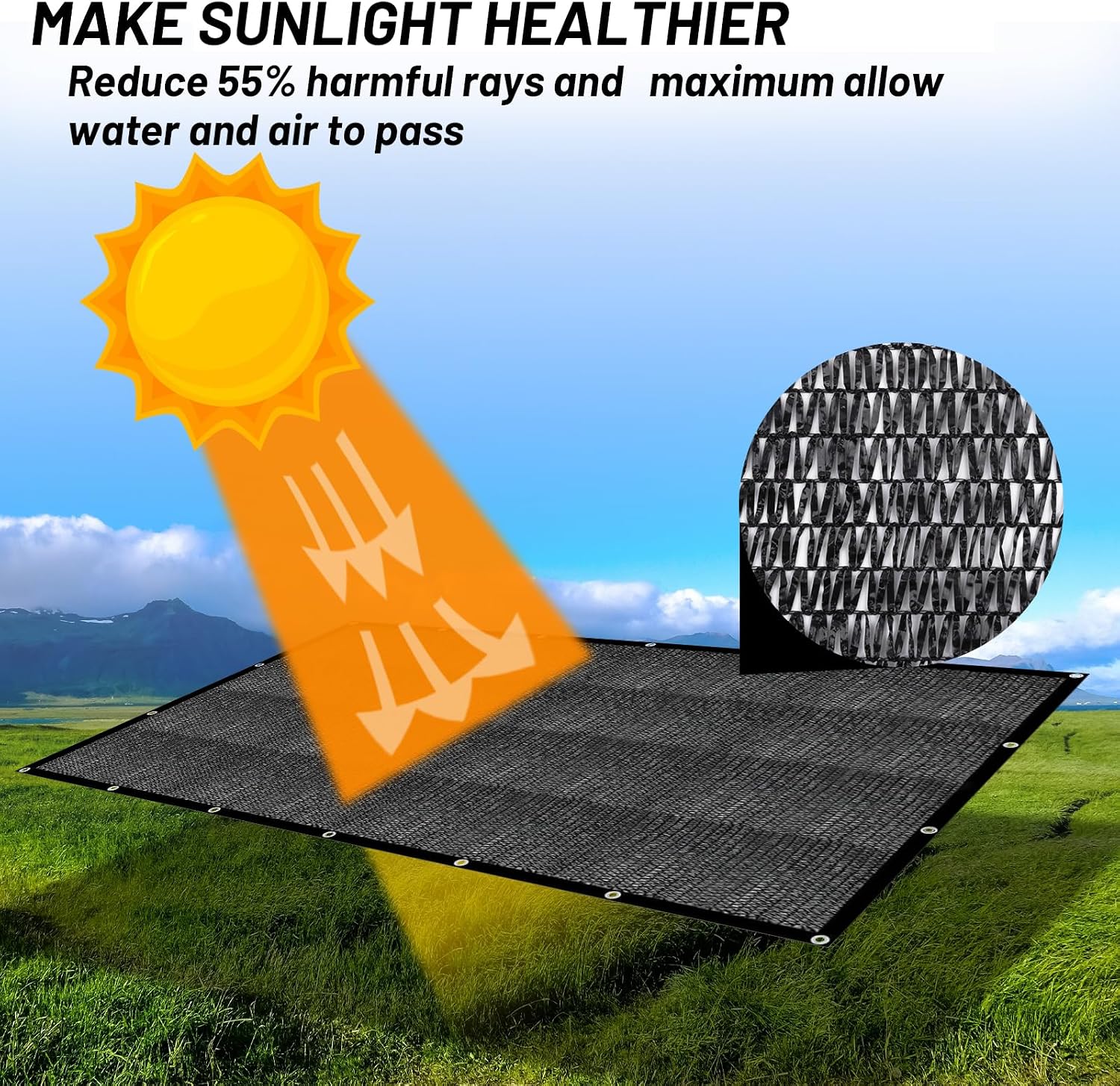 Cool Area Sun Shade Cloth with Grommets for Garden, 55% 10x20ft, Black | New HDPE. Blocks sun heat and UV. Grommets For