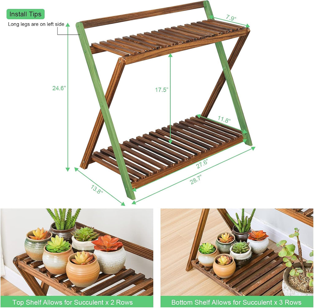 Indoor Plant Stand Shelf for Multiple Plants Hanging 2 Tier Wood | Outdoor Flower Pot Stand Holder with Planter Hanger