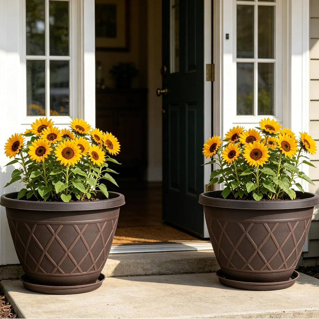 4 Pack 12 Inch Pots for Plants, Plastic Flower Pots with Faux-fence Texture | Modern Planter Pots with Saucers &