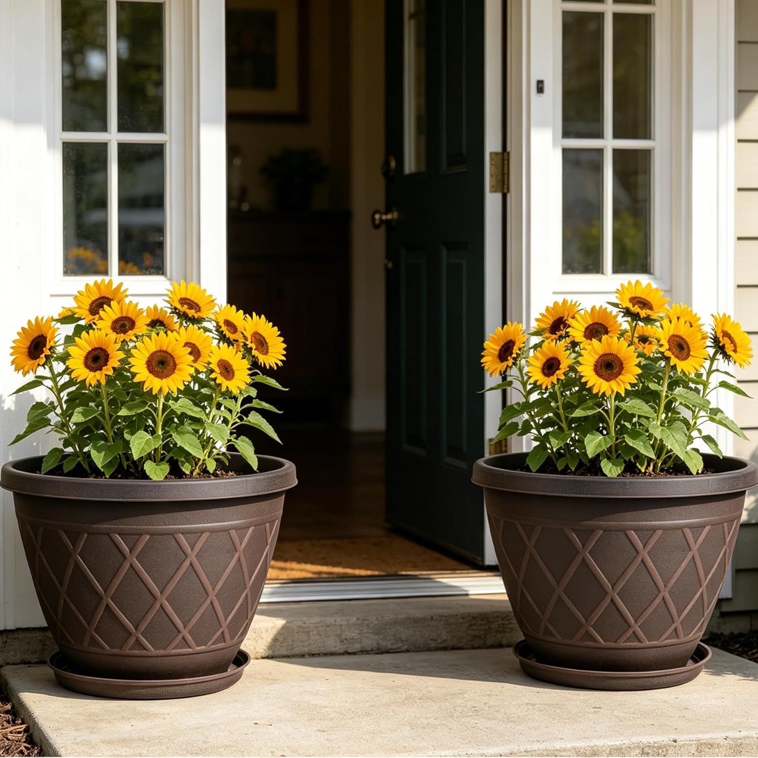 4 Pack 12 Inch Pots for Plants, Plastic Flower Pots with Faux-fence Texture | Modern Planter Pots with Saucers &