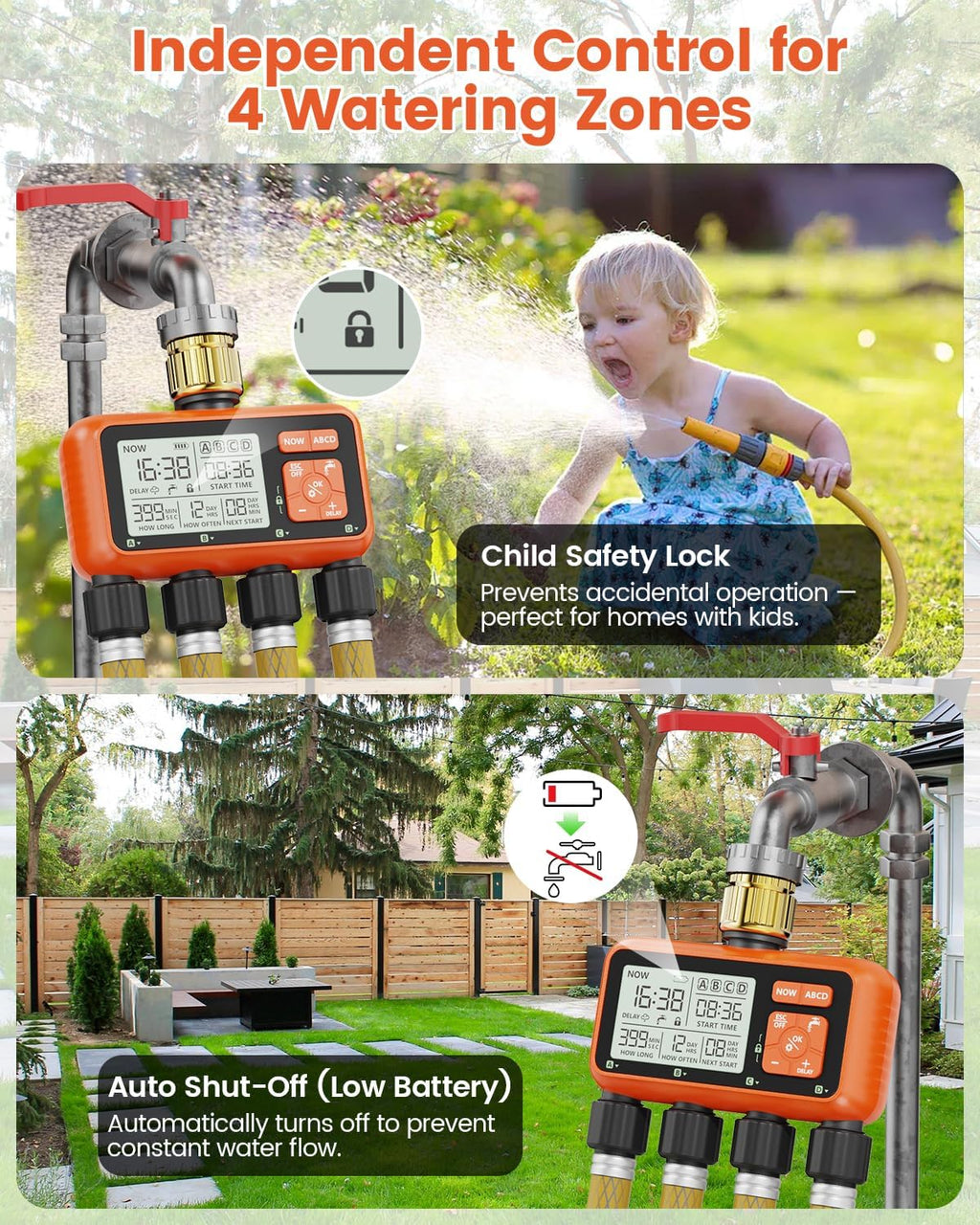 Sprinkler Timer 4 Zone with Brass Inlet Water Timer for Garden | Programmable Faucet Controller with Independent Zone