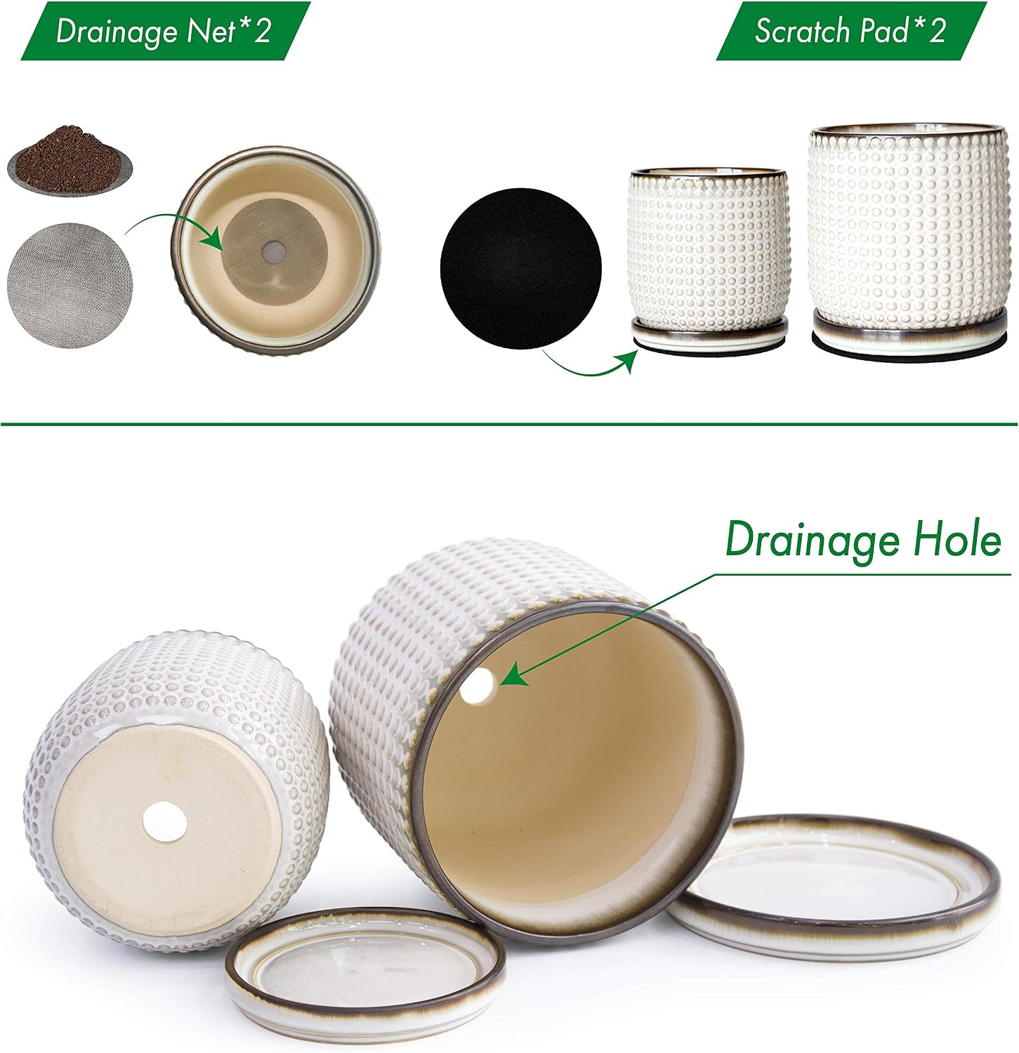 D'vine Dev Beaded Ceramic Planter Pots, 4/6 in, Smoked White, 27-D-U-1 | Embossed Dot Texture, with Drainage Hole and