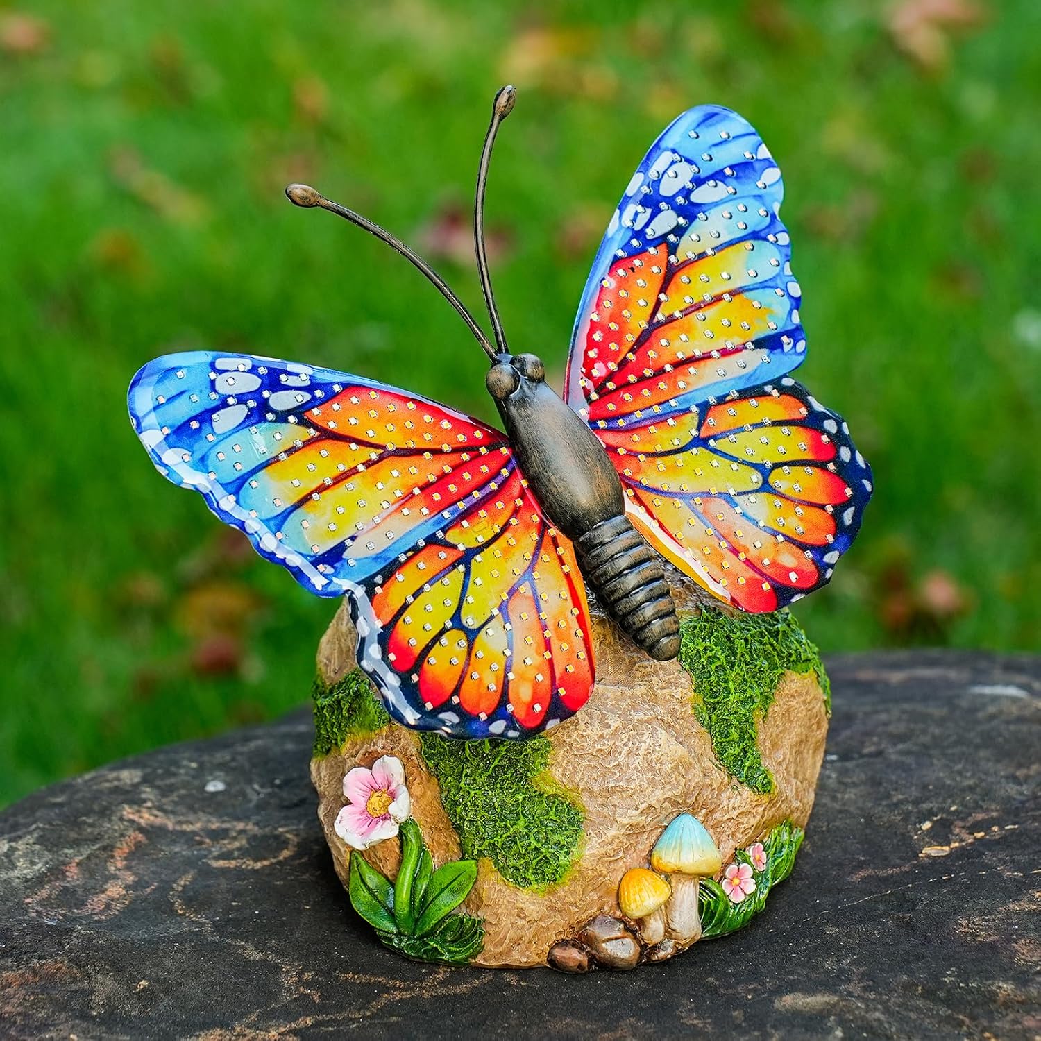 WSgift Solar Butterfly Garden Statue Weatherproof Outdoor Hand-Painted Decor Butterfly Resin Figurine Orange