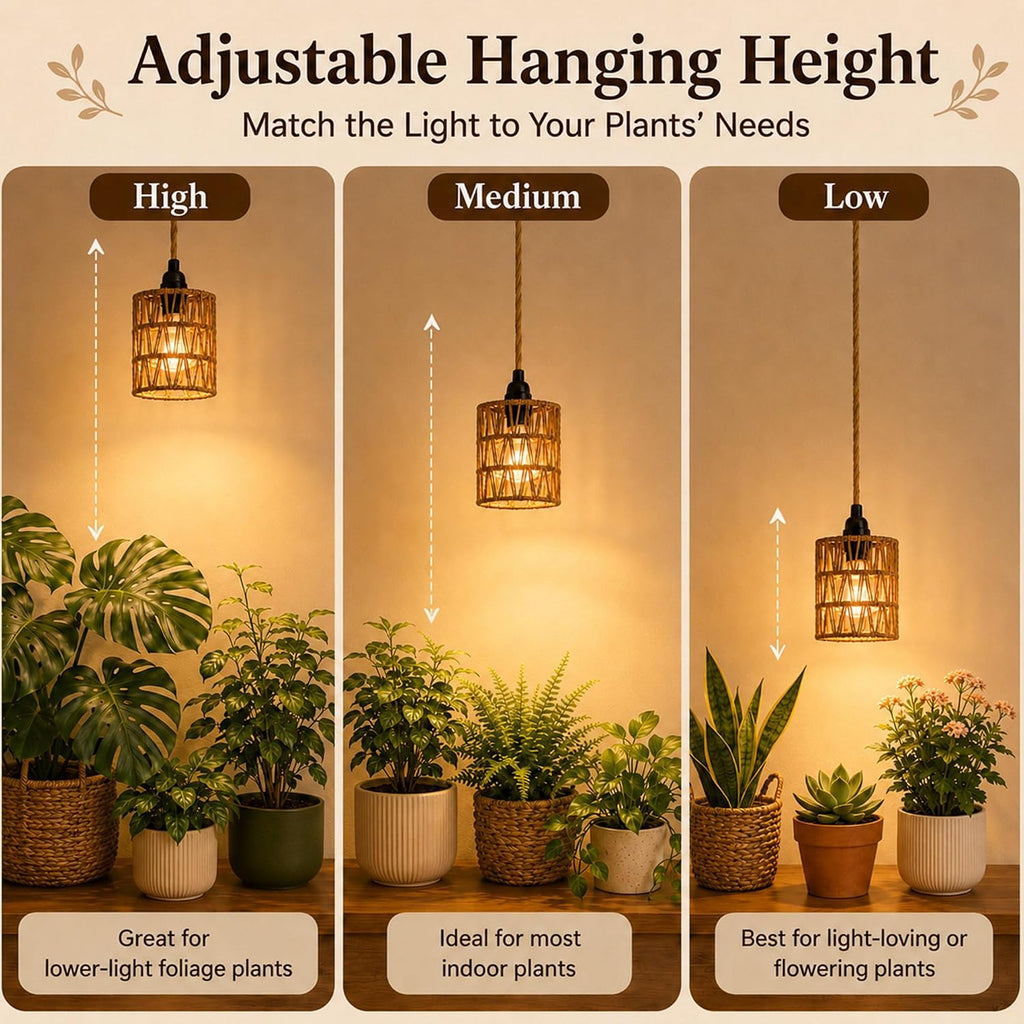 2 Pack Hanging Grow Lights for Indoor Plants Boho Rattan Plant Light | 15FT Power Cord with Timer, 15W Full Spectrum