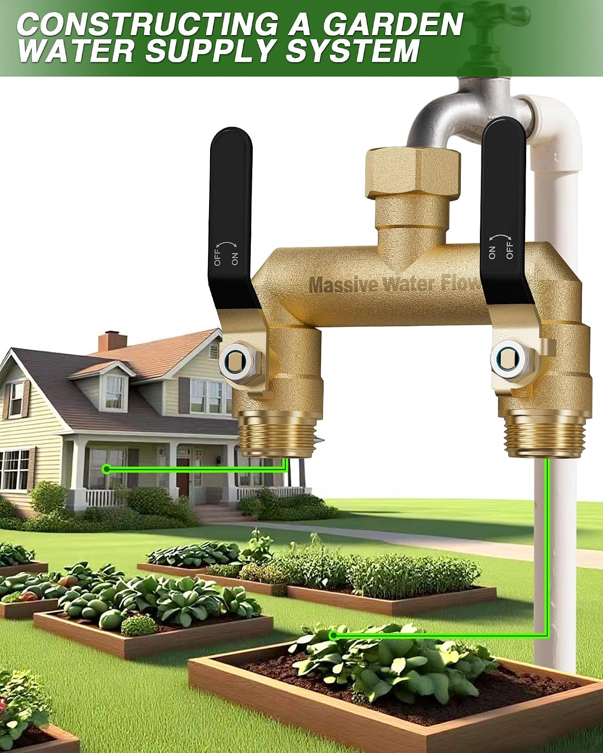 Hose Splitter 2 Way Heavy Duty, Full Flow Garden Hose Splitter with 2 Long Metal Handles, Brass Rust and Freeze